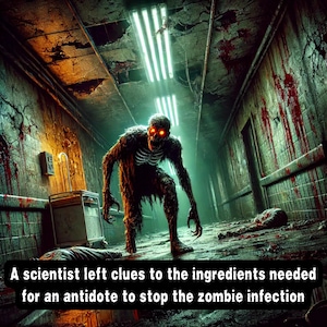 May include: A zombie with glowing red eyes stands in a blood-splattered hallway. The zombie is wearing tattered clothes and has a skeletal appearance. The hallway is dimly lit and has a creepy atmosphere.