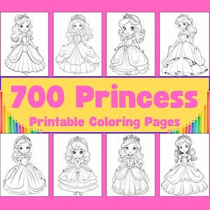 Op de afbeelding: Een set van acht zwart-wit kleurplaten met prinsessen die kronen en jurken dragen. De tekst "700 Princess Printable Coloring Pages" wordt bovenaan de afbeelding weergegeven.