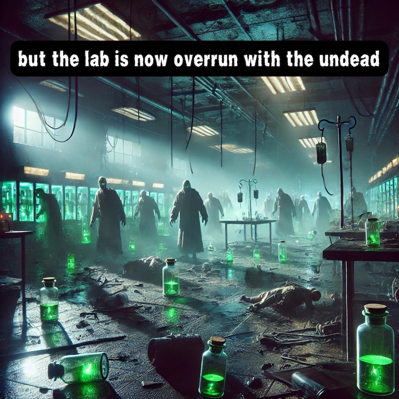 May include: A dimly lit laboratory overrun with undead figures wearing lab coats. Green liquid fills glass bottles scattered throughout the room. The text "but the lab is now overrun with the undead" appears at the top of the image.