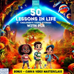 Op de afbeelding: Een kleurrijke illustratie van drie kinderen die op een pad in een magisch bos lopen. De tekst "50 lessen in het leven Kinderverhalen met PLR" wordt weergegeven op een blauwe en witte cirkel. De tekst "Bonus - Canva Video Masterclass" wordt onderaan de afbeelding weergegeven.