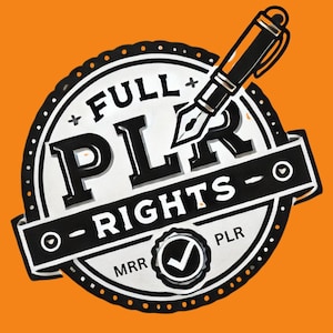 Puede incluir: Logotipo en blanco y negro con el texto "FULL PLR RIGHTS" en un c&iacute;rculo con un bol&iacute;grafo y una marca de verificaci&oacute;n. El logotipo est&aacute; sobre un fondo naranja.