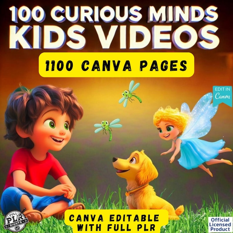 Pu&ograve; includere: Un'illustrazione digitale colorata di un ragazzo, una ragazza e un cane. Il ragazzo indossa una camicia rossa e pantaloni blu. La ragazza indossa un vestito blu con le ali. Il cane &egrave; giallo. Il testo "100 CURIOUS MINDS KIDS VIDEOS 1100 CANVA PAGES" &egrave; nella parte superiore dell'immagine. Il testo "CANVA EDITABLE WITH FULL PLR" &egrave; nella parte inferiore dell'immagine.