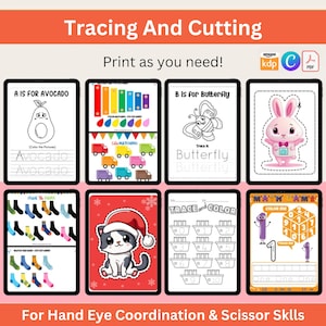 K&ouml;nnte beinhalten: Eine Sammlung von ausdruckbaren Arbeitsbl&auml;ttern zum Nachzeichnen und Ausschneiden f&uuml;r Kinder. Die Arbeitsbl&auml;tter zeigen Illustrationen von Avocado, Schmetterling und Hase, mit dem Text "Tracing And Cutting" und "Print as you need!". F&uuml;r Hand-Augen-Koordination und Scherenf&auml;higkeiten.