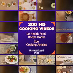 May include: A collage of images showcasing a variety of cooking videos, recipe books, and articles. The text "200 HD Cooking Videos", "50 Health Food Recipe Books", "800 Cooking Articles", and "Unrestricted PLR" is displayed on a purple background.