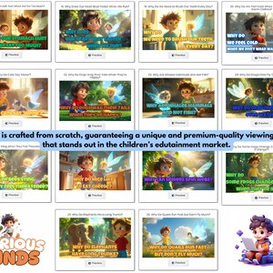 Pu&ograve; includere: Una griglia colorata di 12 miniature di video animate che mostrano un bambino con una fata. Ogni miniatura ha una domanda su un animale o un concetto scientifico diverso. Il testo "Curious Minds" &egrave; visualizzato in un grande font colorato nella parte inferiore dell'immagine.