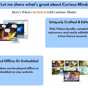 Pu&ograve; includere: Uno schermo di computer che mostra un'animazione di cartoni animati di un bambino che legge un libro con una fata. Il testo sullo schermo dice "Let me share what's great about Curious Minds! Here's What's Included with Curious Minds: Uniquely Crafted & Editable Kids Videos bundle, complete with voiceovers and easily editable using a free Canva account. Played Offline Or Embedded ALL videos can be played offline or embedded on any website."