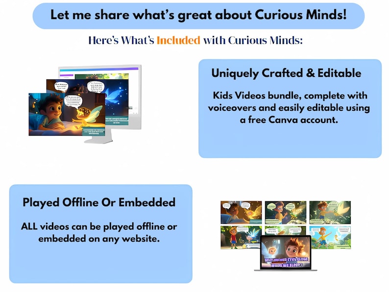 Pu&ograve; includere: Uno schermo di computer che mostra un'animazione di cartoni animati di un bambino che legge un libro con una fata. Il testo sullo schermo dice "Let me share what's great about Curious Minds! Here's What's Included with Curious Minds: Uniquely Crafted & Editable Kids Videos bundle, complete with voiceovers and easily editable using a free Canva account. Played Offline Or Embedded ALL videos can be played offline or embedded on any website."