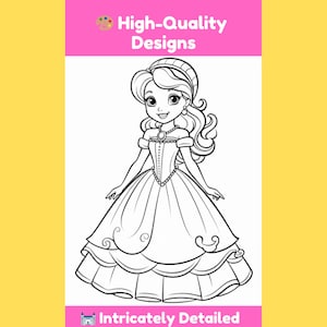 Op de afbeelding: Een zwart-witte lijntekening van een prinses in een jurk en een kroon. De prinses glimlacht en heeft lang haar. De afbeelding is gelabeld met "High-Quality Designs" en "Intricately Detailed".