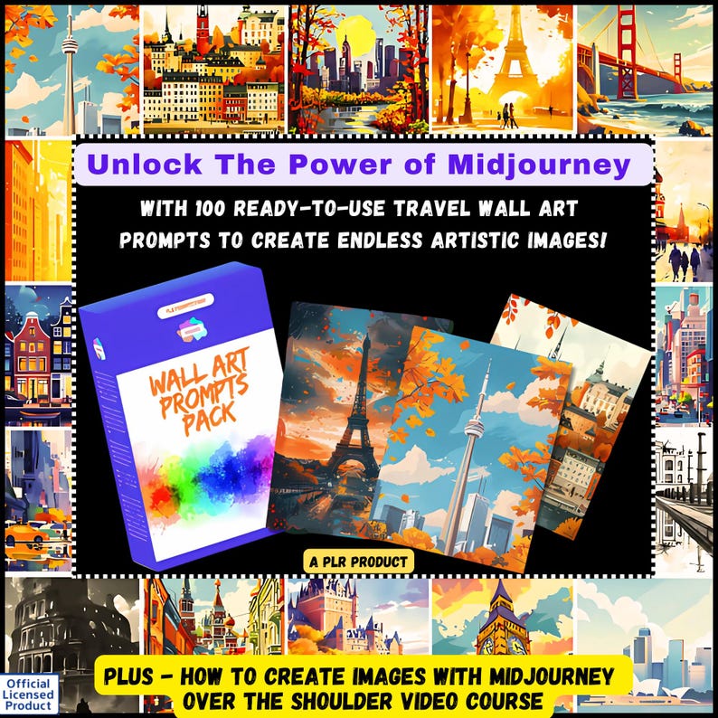 PLR 100 Travel Poster MidJourney Prompts: 100 Travel Posters | Create Stunning Wall Art, Print-on-Demand Designs – Instant Download! MRR