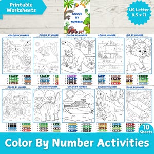 May include: Ten printable color by number activity sheets featuring various images, including dinosaurs, a hot air balloon, a boat, a tractor, and a wheelbarrow. The sheets are designed for US Letter size paper, measuring 8.5 by 11 inches.