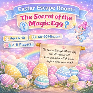 Pode incluir: Anúncio ilustrado para um jogo de escape room com tema de Páscoa. O título diz "Easter Escape Room: The Secret of the Magic Egg?" com detalhes para idades de 6-10 anos, 60-90 minutos e 2-8 jogadores. Há ovos de Páscoa coloridos na parte inferior.