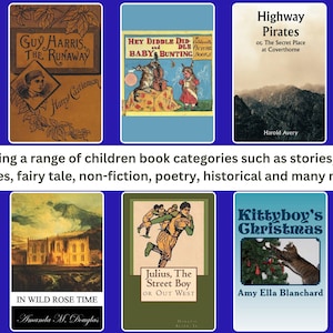 Puede incluir: Una colecci&oacute;n de portadas de libros infantiles que presentan una variedad de g&eacute;neros, incluyendo historias, cuentos de hadas, no ficci&oacute;n, poes&iacute;a y ficci&oacute;n hist&oacute;rica. Las portadas presentan ilustraciones de un ni&ntilde;o fugitivo, un gato tocando el viol&iacute;n, una cordillera, un castillo, un ni&ntilde;o jugando al b&eacute;isbol y un gato en un &aacute;rbol de Navidad.