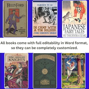 Puede incluir: Una colecci&oacute;n de portadas de libros infantiles vintage con ilustraciones de un ni&ntilde;o con traje, un soldado, un cuento de hadas japon&eacute;s, un caballero a caballo, un pescador y un ni&ntilde;o con una serpiente. Los libros son de dominio p&uacute;blico y se pueden descargar gratis.