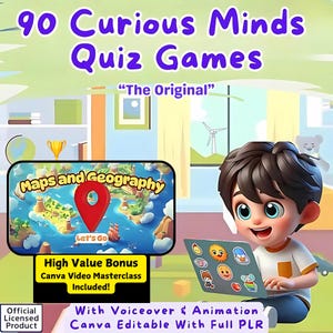Paket med frågesportspel för barn | Animerat, berättarröst (PLR Canva-mallar)