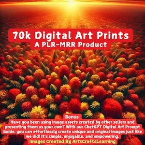 Può includere: Un prodotto di stampa d'arte digitale con uno sfondo di tramonto e un campo di alberi colorati. Il testo "70k Digital Art Prints" e "A PLR-MRR Product" è visualizzato sull'immagine. Il testo "Bonus" è visualizzato nella parte inferiore dell'immagine. Il testo "Hai utilizzato risorse di immagini create da altri venditori e le hai presentate come tue? Con la nostra Guida alle richieste di arte digitale ChatGPT, puoi creare immagini uniche e originali senza sforzo, proprio come abbiamo fatto noi! È semplice, piacevole e stimolante. Immagini create da ArtsCraftsLearning" è visualizzato nella parte inferiore dell'immagine.