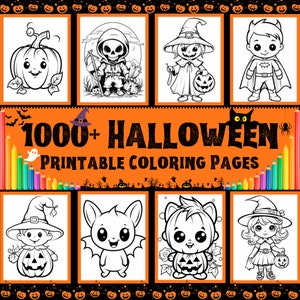 Pode incluir: Um conjunto de oito páginas para colorir de Halloween em preto e branco com vários personagens, incluindo uma abóbora, um esqueleto, uma bruxa, um vampiro, um morcego, um monstro, um fantasma e um gato. As páginas são cercadas por uma borda de abóboras laranja e estrelas pretas.
