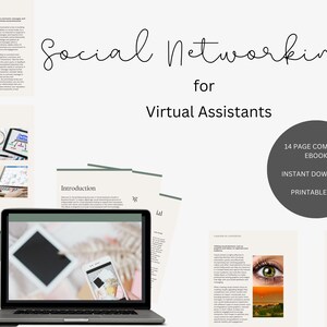 May include: A digital ebook cover with the title "Social Networking for Virtual Assistants". The cover features a laptop, a tablet, and a smartphone, all with a blurred background image of a tropical plant. The ebook is 14 pages long and includes a table of contents, an introduction, and a chapter on measuring success.