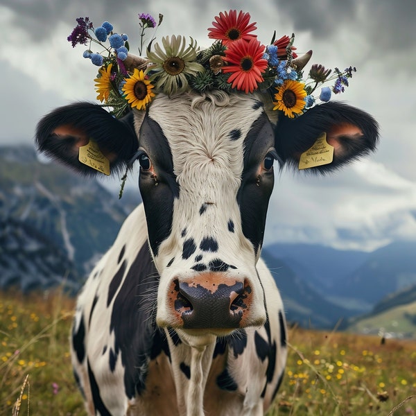 Poster/Picture Majestic Flower Cow on the Mountains, Wall Art