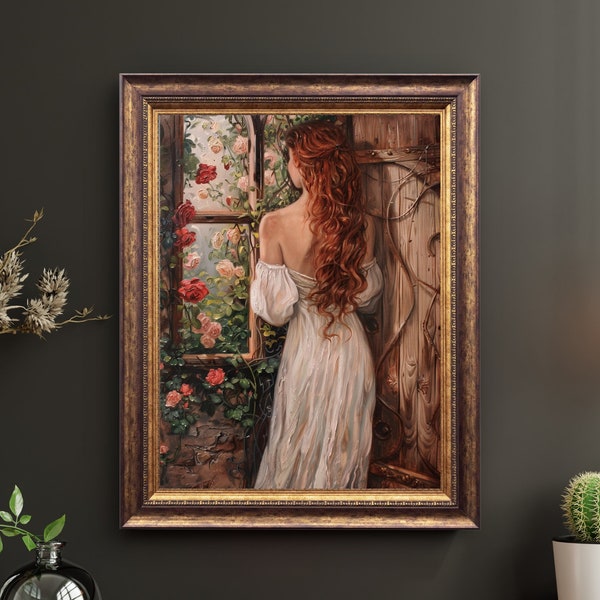 Digitaler Druck - Romantisches Ölgemälde, Frau am Fenster Gemälde, Ölgemälde, Romantik Poster, Vintage Gemälde, Wall Art Print, Wall Art