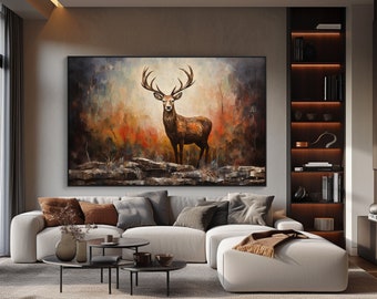 Grande peinture abstraite à l'huile sur toile de cerf, art mural cerf original et peint à la main, peinture animalière moderne pour salon chambre