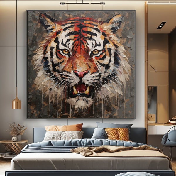 Peinture à l'huile originale de tigre sur la toile, grande art mural abstrait de toile de tigre, oeuvre d'art impressionniste moderne d'animal pour le salon et la chambre à coucher