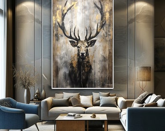 Large Abstract Deer Oil Painting on Canvas, Original and Hand-painted Stag Canvas Wall Art, Modern Animal Painting for Living Room Bedroom
