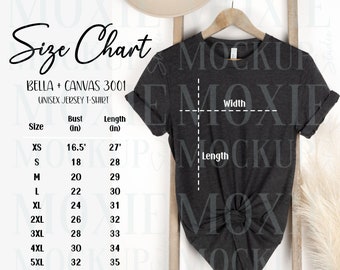 Bella Canvas 3001 Größentabelle, 3001 Größentabelle, T-Shirt-Größentabelle, Bella Canvas 3001, Bella Canvas Mockup, Unisex T-Shirt Messungen