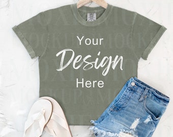 Comfort Colors 1717 Sage Mockup, Sage Comfort Colors Mockup,Trendy Layflat, Hanging Mockup,C1717 Mockup,Comfort Colors Mockup, Sage C1717