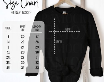 Gildan 18000 Size Chart, 18000 Size Chart, Sweatshirt Size Chart, Gildan 18000, Gildan Mockup,Unisex Shirt Measurements, Hanging Size Chart