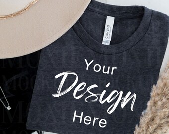 Bella Canvas 3001 Dark Grey Heather, Bella Canvas Mockup, 3001 Mockup, Shirt Mockup, Boho Mockup, Trendy Lay Flat, Dark Grey Heather Mockup