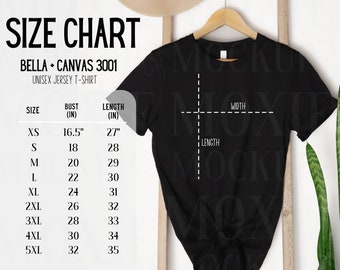 Bella Canvas 3001 Tabla de tallas, Tabla de tallas 3001, Tabla de tallas de camisetas, Bella Canvas 3001, Bella Canvas Mockup, Medidas de camisetas unisex