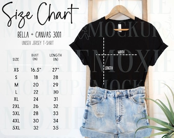 Bella Canvas 3001 Größentabelle, 3001 Größentabelle, T-Shirt-Größentabelle, Bella Canvas 3001, Bella Canvas Mockup, Unisex T-Shirt Messungen