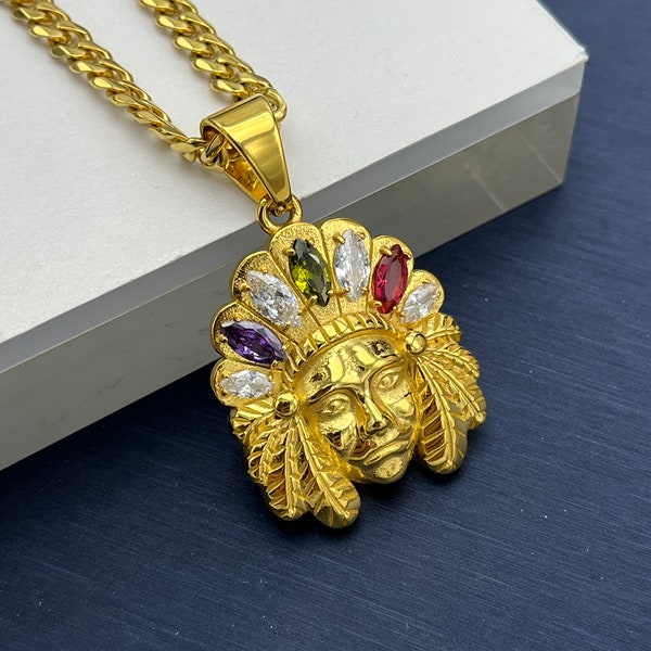 Lax Jewelry Simulated Diamond Cubic Zirconia Pendant with 18k Gold Plated Indian Head Symbol (Gold)