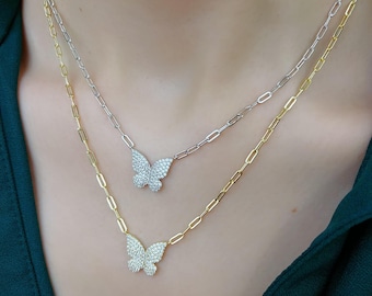 Sterling Silver Simulated Diamond Butterfly Necklace Pendant for Women