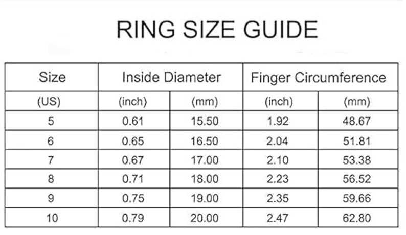 May include: Ring size guide chart showing US ring sizes, inside diameter in inches and millimeters, and finger circumference in inches and millimeters.