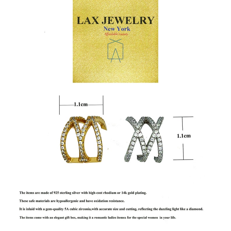 May include: Two ear cuffs, one gold and one silver, with cubic zirconia stones. Each cuff measures 1.1 inches in diameter. The ear cuffs are made of 925 sterling silver with high-cost rhodium or 14k gold plating.
