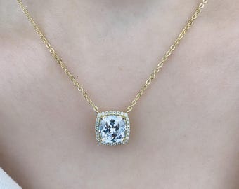 Sterling Silver with Square Shaped Sparkling Simulated Diamond Necklace for Women