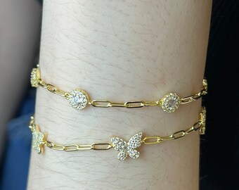 925 sterling silver with 14k gold plating and simulated gemstone 3-butterfly-shaped bracelet