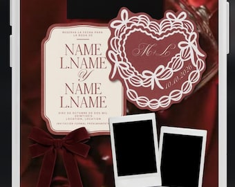 May include: A wedding invitation design on a smartphone screen. The invitation features a burgundy color scheme with decorative elements, including a heart-shaped design and a velvet bow. Text includes names, date, and location.