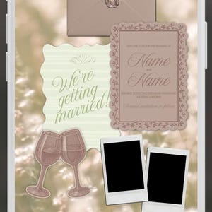 May include: Wedding invitation design in a soft, neutral palette. Features an envelope with a landscape illustration, a decorative frame with names, and the text "We're getting married!" Includes two wine glasses and two polaroid-style photo frames.