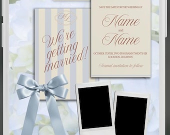 Könnte beinhalten: Hochzeitseinladungsdesign mit hellblauer Schleife, Umschlag und Karten. Auf den Karten steht "We're getting married!" und "Save the date for the wedding of Name and Name". Enthält zwei leere Fotorahmen.