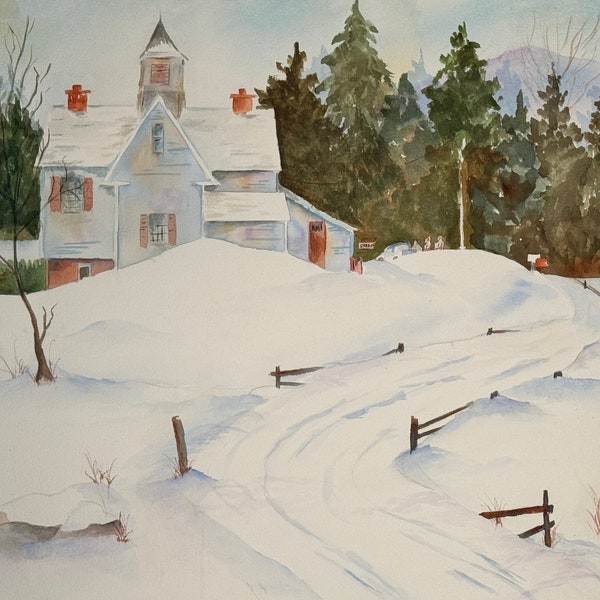 Original 16”x20” watercolor painting Snow Covered Drive