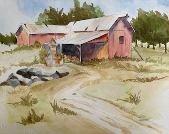 Hand painted watercolor artwork Old Barn 11 1/4” x 14 3/4”