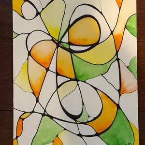 Handgeschilderde aquarel abstracte kunstwerken gele, oranje en groene mindmap 9 x 12 inch