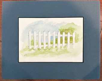 Original watercolor painting with 8x10 Mat - White Picket Fence 5x7 140lb cold press paper