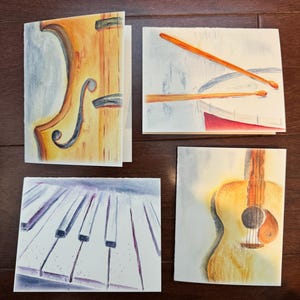 Juego de tarjetas de acuarela con temática musical, tarjetas de felicitación en blanco, sobres, papelería hecha a mano para músicos, tarjetas, papelería para amantes de la música en blanco