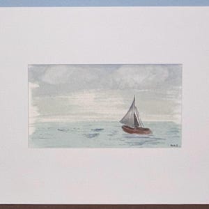 Opera d'arte dipinta a mano ad acquerello Open Seas II - barca a vela 11x14 (può essere tagliata a 9x12) con passepartout pronta per essere incorniciata