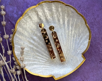 Gold moon and star acrylic earrings, crescent moon earrings, long star earrings, space earrings, moon jewellery, witchy earrings