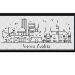 May include: Black framed print featuring a line drawing of the Vienna, Austria skyline. The artwork includes iconic landmarks such as the Ferris wheel, buildings, and the text "Vienna Austria" in a minimalist style.