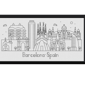 May include: Black and white line art illustration of the Barcelona skyline, featuring iconic buildings like the Sagrada Familia and the Casa Batlló. The text "Barcelona: Spain" is at the bottom of the image.
